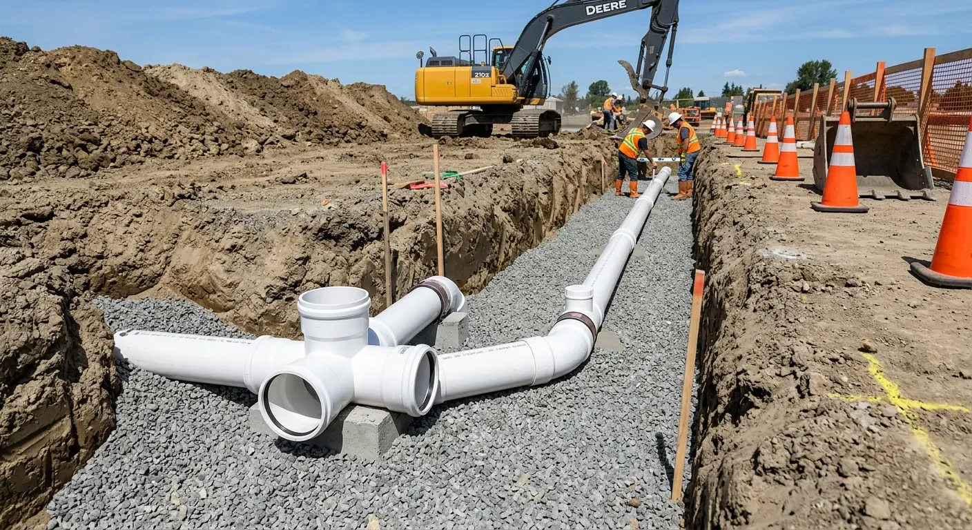 New PVC sewer pipe installation in open trench for Commercial Drain Cleaning in West Whiteland