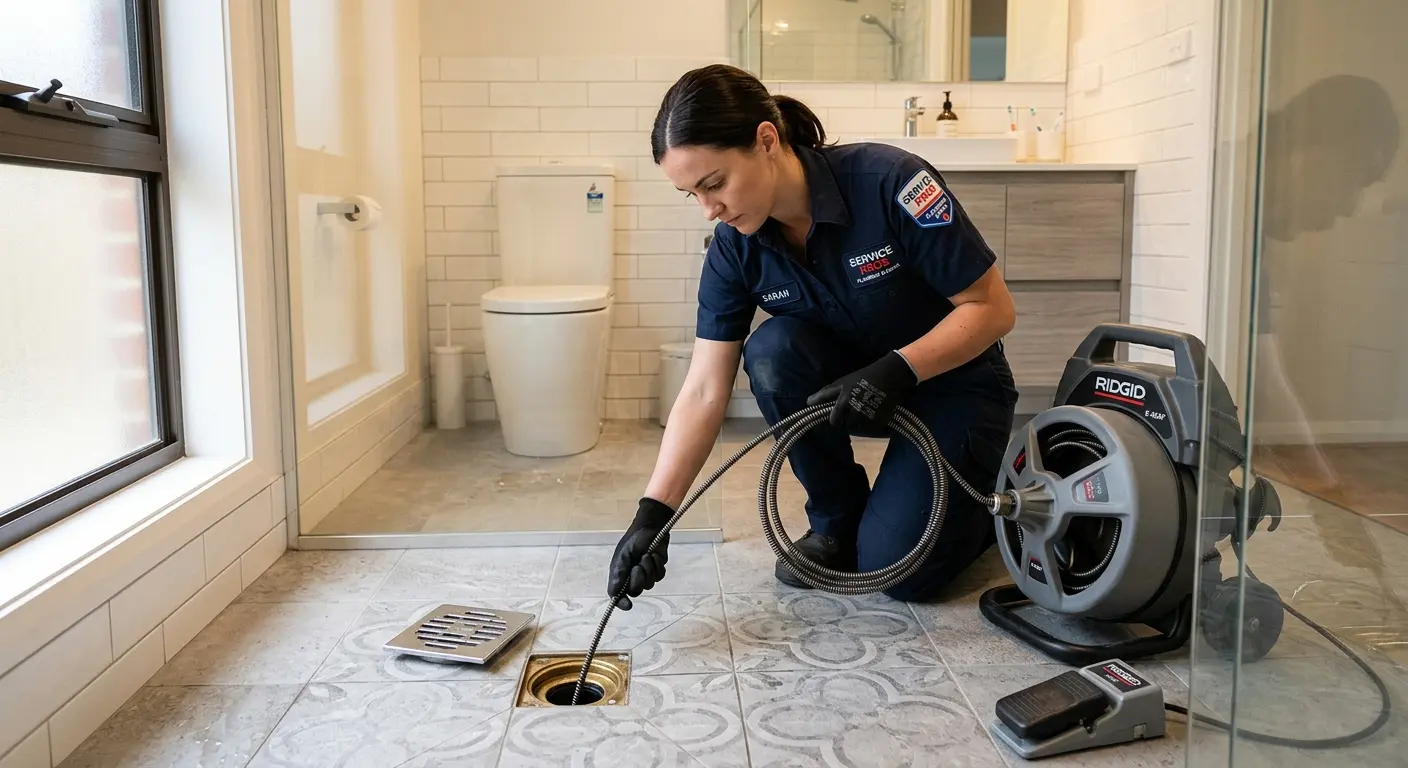 Technician clearing a bathroom floor drain for Drain Cleaning in West Whiteland